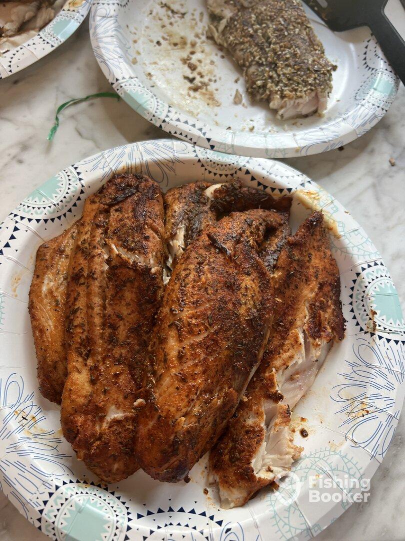 Deliciously seasoned fillets of fish displayed on a paper plate, showcasing a fresh catch ready for a meal.